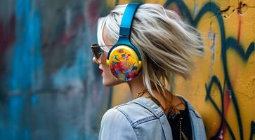 AI generated pretty fashion girl on abstract background with headphones, girl listening to music with headphones, fashion girl on abstract background photo