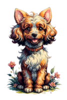 AI generated FLuffy Puddle Dog with Botanical Illustration Art png