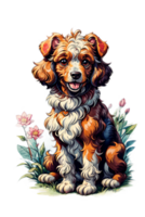 ai genererad fluffig pöl hund med botanisk illustration bild png