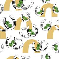 seamless pattern metal horseshoes and clover leaf for good luck and boho rainbow. Irish lucky green clover in the shape of horseshoe. happy clover and horseshoe on St. Patrick's Day. vector