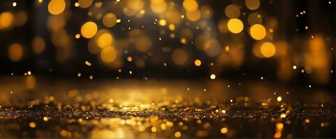 ai generado dorado Bokeh, lloviendo luz, borroso luces, noche luces, ciudad luces, redondo Bokeh, borroso fondo, oro confettis en un negro fondo, amarillo y naranja, circulo bokeh foto