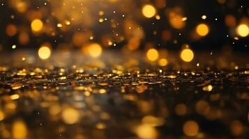 AI generated Golden bokeh, raining light, blurry lights, night lights, city lights, round bokeh, blurry background, gold confettis on a black background, yellow and orange,  circle bokeh photo