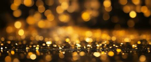 AI generated Golden bokeh, raining light, blurry lights, night lights, city lights, round bokeh, blurry background, gold confettis on a black background, yellow and orange,  circle bokeh photo