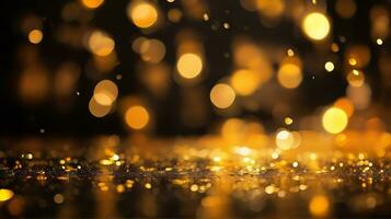 ai generado dorado Bokeh, lloviendo luz, borroso luces, noche luces, ciudad luces, redondo Bokeh, borroso fondo, oro confettis en un negro fondo, amarillo y naranja, circulo bokeh foto