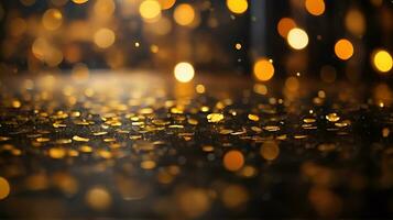 AI generated Golden bokeh, raining light, blurry lights, night lights, city lights, round bokeh, blurry background, gold confettis on a black background, yellow and orange,  circle bokeh photo