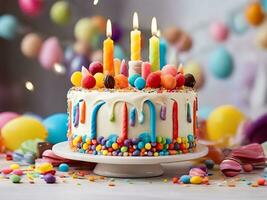 AI generated birthday cake with candles, birthday party for children, chocolate, sugar and candies, candles, sweet, children having fun, colorful cake, rainbow, multicolored balloons and sparkles. photo