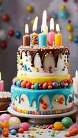 AI generated birthday cake with candles, birthday party for children, chocolate, sugar and candies, candles, sweet, children having fun, colorful cake, rainbow, multicolored balloons and sparkles. photo