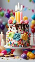 AI generated birthday cake with candles, birthday party for children, chocolate, sugar and candies, candles, sweet, children having fun, colorful cake, rainbow, multicolored balloons and sparkles. photo