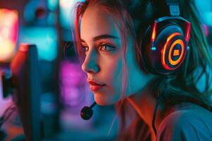 AI generated Female gamer using computer in room with neon lights photo