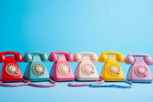 AI generated Colored retro telephones on blue background. photo