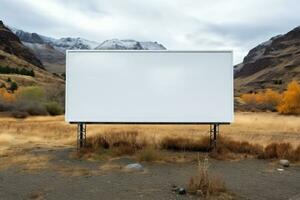 AI generated Big billboard with empty white screen standing in the valley photo