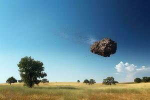 AI generated Falling meteorite over meadow with green grass photo