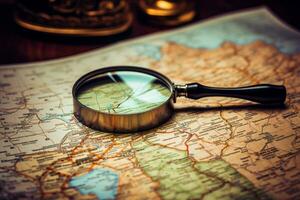 AI generated Magnifying glass searching country on map photo