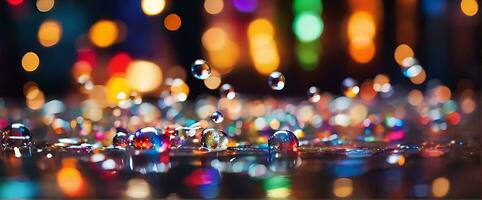 AI generated Blurry confetti, water bubbles, raining, blurry, night, city lights, blurry background, bokeh lights, depth of field, abstract background, multicolor, rainbow, city christmas light, photo