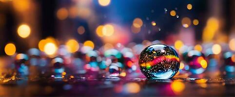 ai generado borroso papel picado, agua burbujas, lloviendo, borroso, noche, ciudad luces, borroso fondo, bokeh luces, profundidad de campo, resumen fondo, multicolor, arcoíris, ciudad Navidad luz, foto
