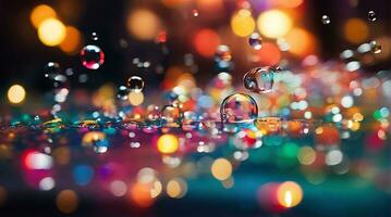 AI generated Blurry confetti, water bubbles, raining, blurry, night, city lights, blurry background, bokeh lights, depth of field, abstract background, multicolor, rainbow, city christmas light, photo