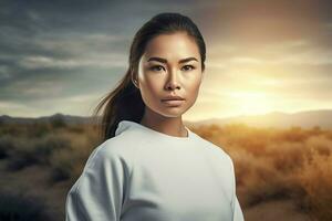 Woman model wearing plain white Gildan natural outdoor portrait. Generate ai photo