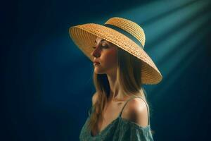 AI generated Woman wearing straw summer hat portrait. Generate ai photo