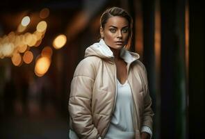 ai generado mujer en fumador chaqueta al aire libre retrato. generar ai foto