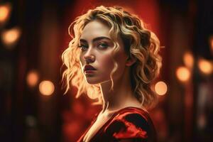 AI generated Vogue blonde wavy woman in red silk dress. Generate ai photo