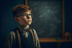 AI generated Young schoolboy with eyeglasses at the chalkboard. Generate ai photo