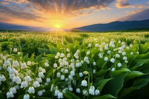 AI generated Fragrant Lily valley blooming field. Generate Ai photo