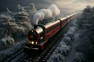 AI generated Magical winter ride A train adorned with Christmas decorations in a snowy setting AI Generated photo