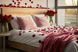 AI generated Romantic ambiance Rose petals scattered on a bed in a hotel room AI Generated photo