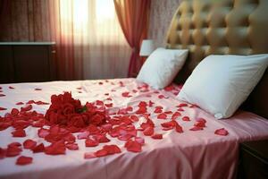 AI generated Romantic ambiance Rose petals scattered on a bed in a hotel room AI Generated photo