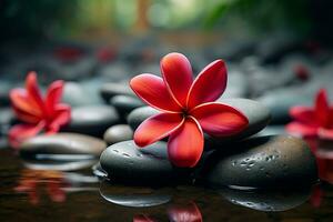 AI generated Tranquil spa scene red frangipani flower and soothing spa stones photo
