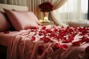 AI generated Hotel romance Bed adorned with rose petals creating a romantic setting AI Generated photo