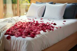 AI generated Romantic ambiance Rose petals scattered on a bed in a hotel room AI Generated photo