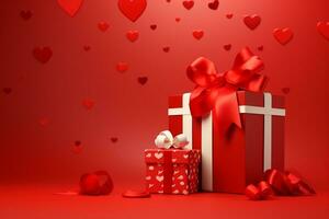 AI generated Valentines day background with gift box and red hearts. 3d rendering happy valentine day  Generated ai photo