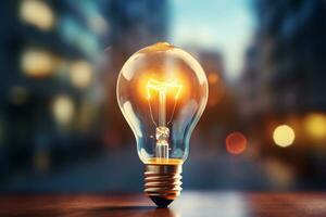 AI generated Glowing glass light bulb on blurred city background. 3D rendering  Generated ai photo