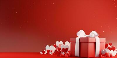 AI generated Valentines day background with gift box and red hearts. 3d rendering happy valentine day  Generated ai photo