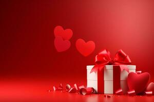 AI generated Valentines day background with gift box and red hearts. 3d rendering happy valentine day  Generated ai photo
