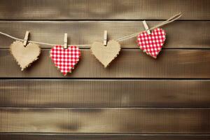 AI generated Valentine's day background with red hearts and clothespins on wooden background Happy Valentine's day  Generated ai photo