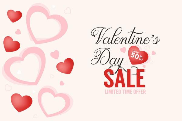 Valentine's day sale special offer, up to 50 percent off discount. Banner or voucher template with hearts frame.