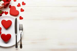 AI generated Valentines day table setting with red hearts and cutlery on wooden background  Generated ai photo