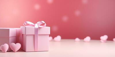 AI generated Pink gift box with pink hearts and bokeh background. 3d rendering Happy Valentine's day  Generated ai photo