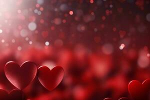 AI generated Valentines day greeting card with red hearts on wooden table over bokeh background.  Generated ai photo