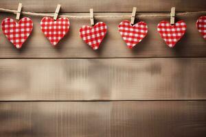 AI generated Valentine's day background with red hearts and clothespins on wooden background Happy Valentine's day  Generated ai photo