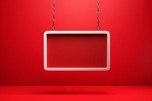 AI generated Empty white signboard hanging on a chain on red background. 3d rendering Happy Valentine's day  Generated ai photo