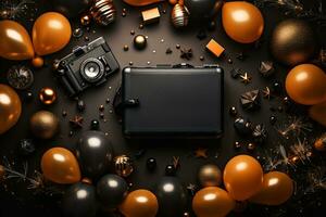 AI generated Flat lay composition with vintage camera and new year decorations on dark background photo