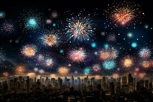 AI generated Colorful fireworks on night sky background. New Year celebration Generative ai photo
