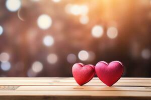 ai generado san valentin día saludo tarjeta con rojo corazones en de madera mesa terminado bokeh antecedentes. generado ai foto