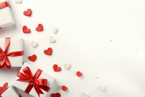 AI generated Valentine's day background with gift boxes and red hearts. 3d rendering  Generated ai photo