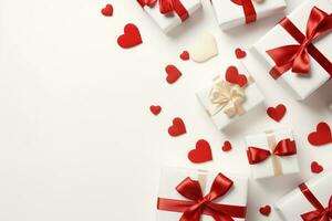 AI generated Valentine's day background with gift boxes and red hearts. 3d rendering  Generated ai photo