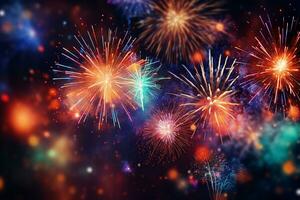 AI generated Colorful fireworks on night sky background. New Year celebration Generative ai photo