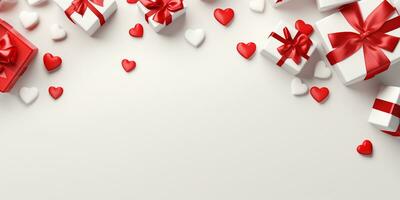 AI generated Valentine's day background with gift boxes and red hearts. 3d rendering  Generated ai photo